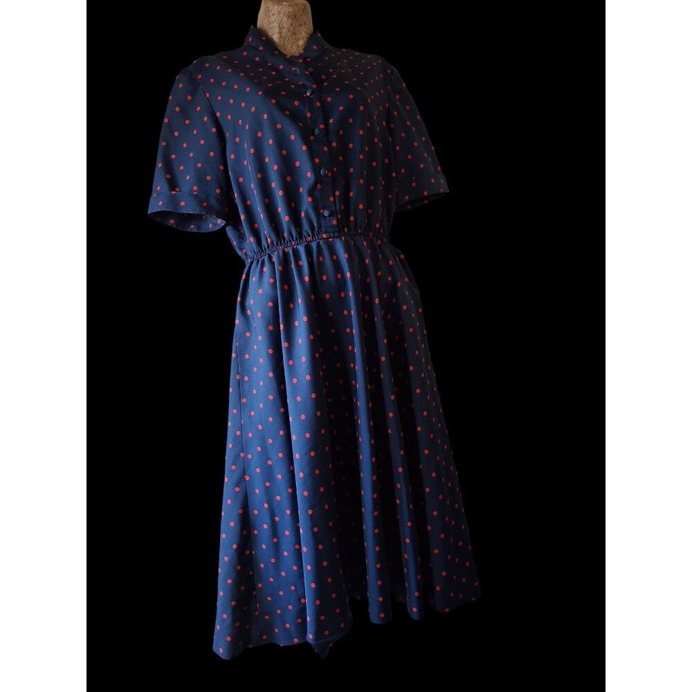 Vtg Navy Blue Dress With Red Polka Dots Button Front Short Sleeves